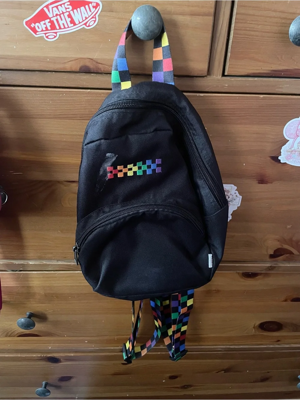 Vans Black Mini Backpack with Rainbow Checker Accents